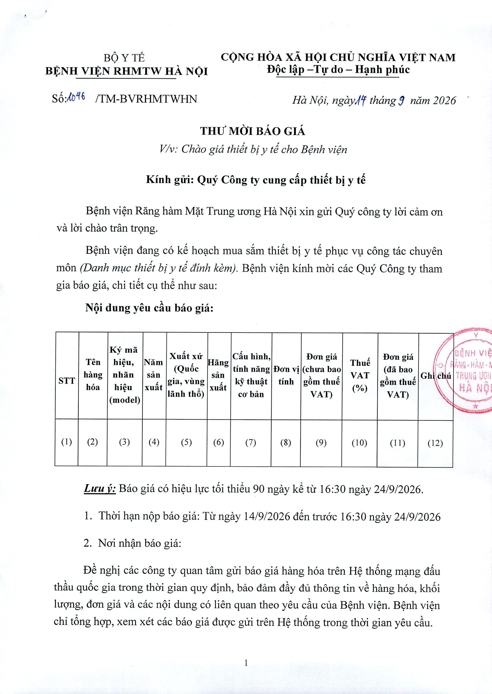 THƯ MỜI BÁO GIÁ: VỀ VIỆC CHÀO GIÁ THIẾT BỊ Y TẾ CHO BỆNH VIỆN